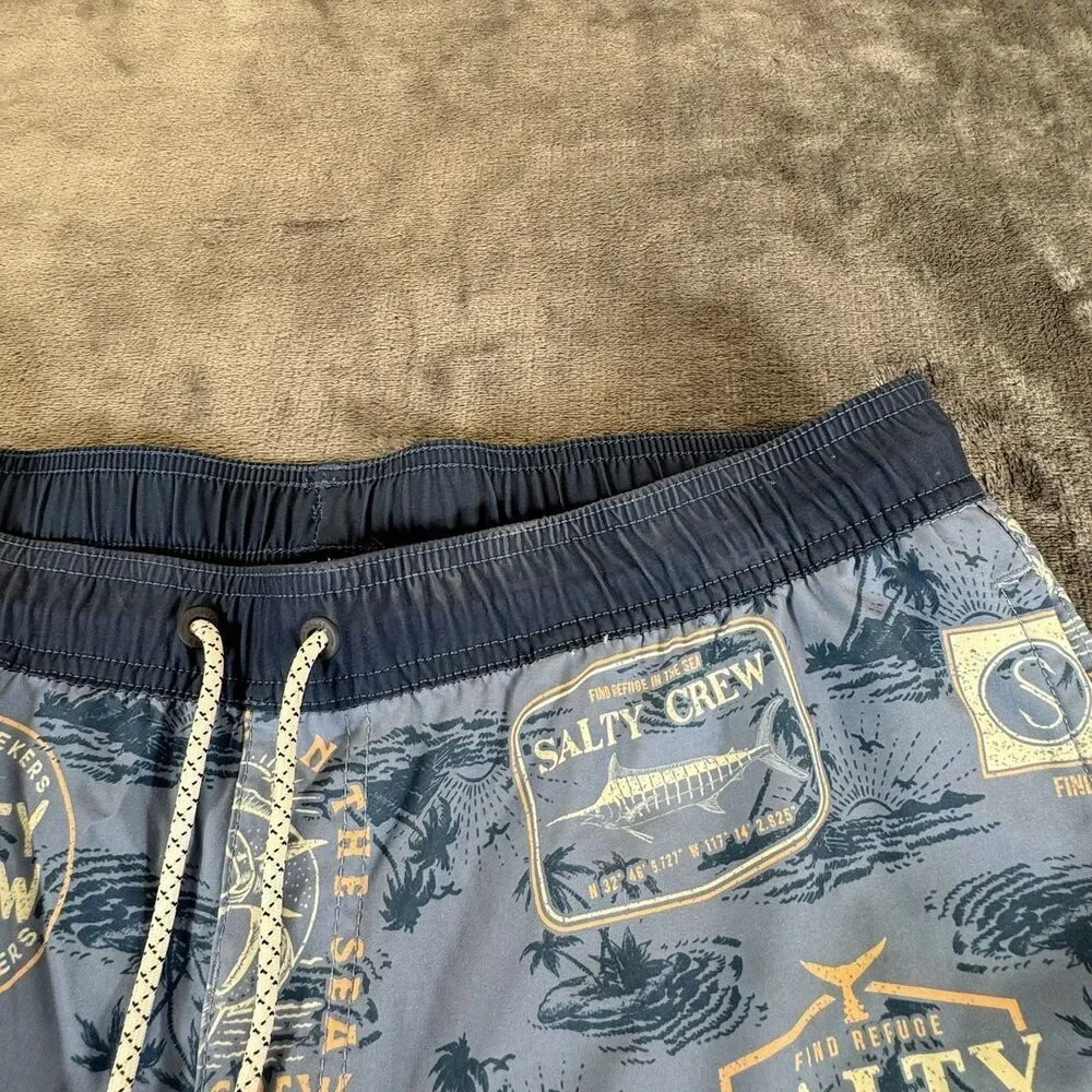 SALTY CREW CABIN Sz L 34 CRUISER Beach Club Elastic Boardshort Marine Blue AOP